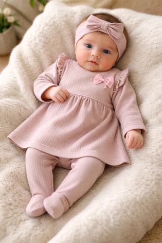 Set Vestido Manga Larga, Vincha Y Calza Beba Morley Algodon