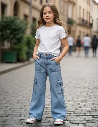Pantalon Jeans Wide Leg Cargo Niñas