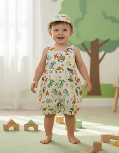 Jardinero Pañalero  De Algodón Estampado Y Gorro Para Bebes - imagen 2